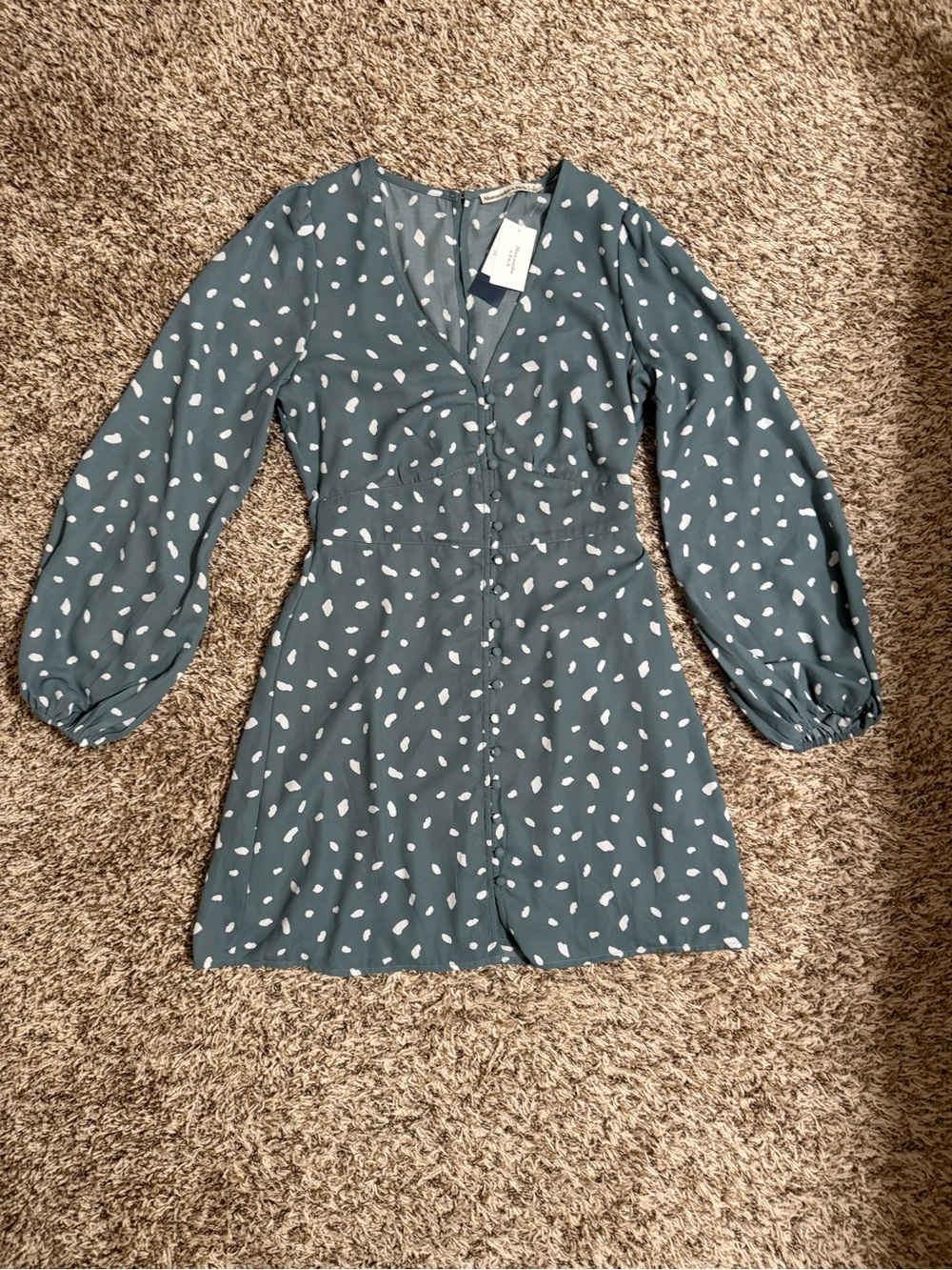 Abercrombie & Fitch Teal Long-Sleeve Button-Front Polka Dot Dress